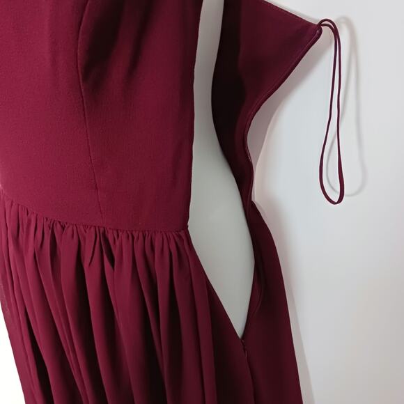 DRESS THE POPULATION ASYMMETRICAL BURGUNDY MIDI DRESS , size S - Picture 6 of 12